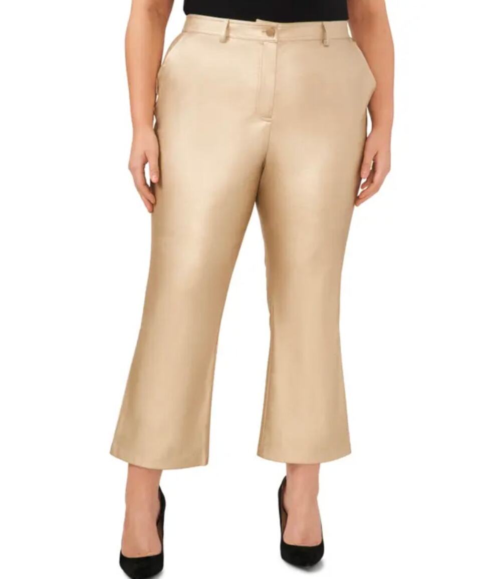 Halogen Metallic Faux Leather Ankle Kick Flare Pants Soft Gold Plus Size 16W